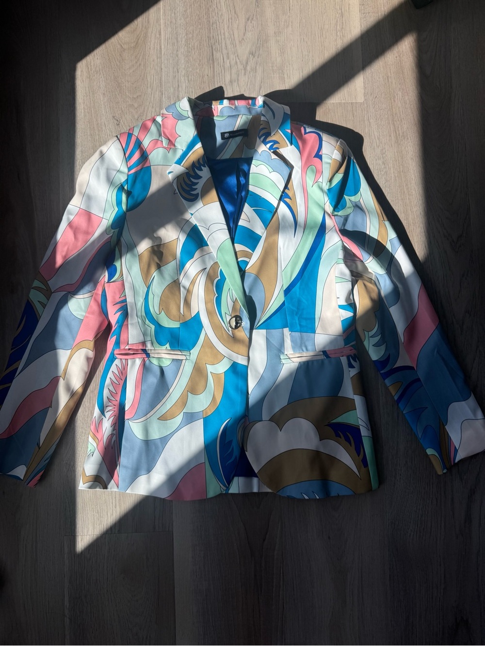Abstract Print Career Blazer in Blue, Pink & Cream
